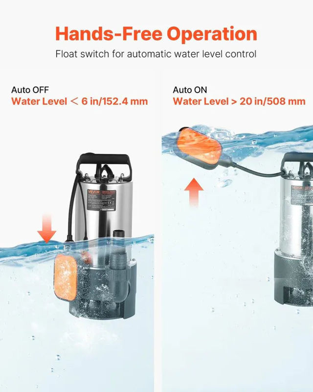 Buying Solutions MB Tauchpumpe aus Edelstahl für Schmutz- und Klarwasser mit automatischem Schwimmerschalter, 710W, 20000 L/H, Farbe: Silber - Bild 6