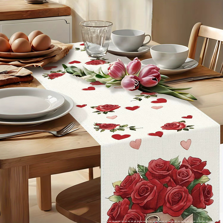 Romantischer Tischläufer mit rotem Rosen-Blumenmuster aus Leinen, rechteckig, Farbe: Rot und Weiß - Bild 2
