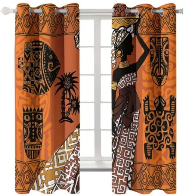 2er-Set halbtransparente Vorhänge mit afrikanischem Kunstdesign in Orange, Breite: 98 cm, Höhe: 202 cm - Bild 1