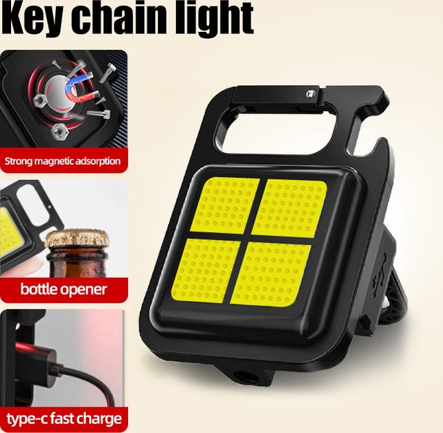 Multifunktionale Mini-Taschenlampe als Schlüsselanhänger mit 4 Lampenperlen, wiederaufladbar und magnetisch, Farbe: Schwarz - Bild 1
