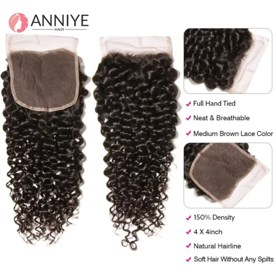 ANNIYE Kinky Curly Bundles mit 4x4 Lace Closure, Remy Echthaarverlängerungen, Naturfarbe - Bild 4