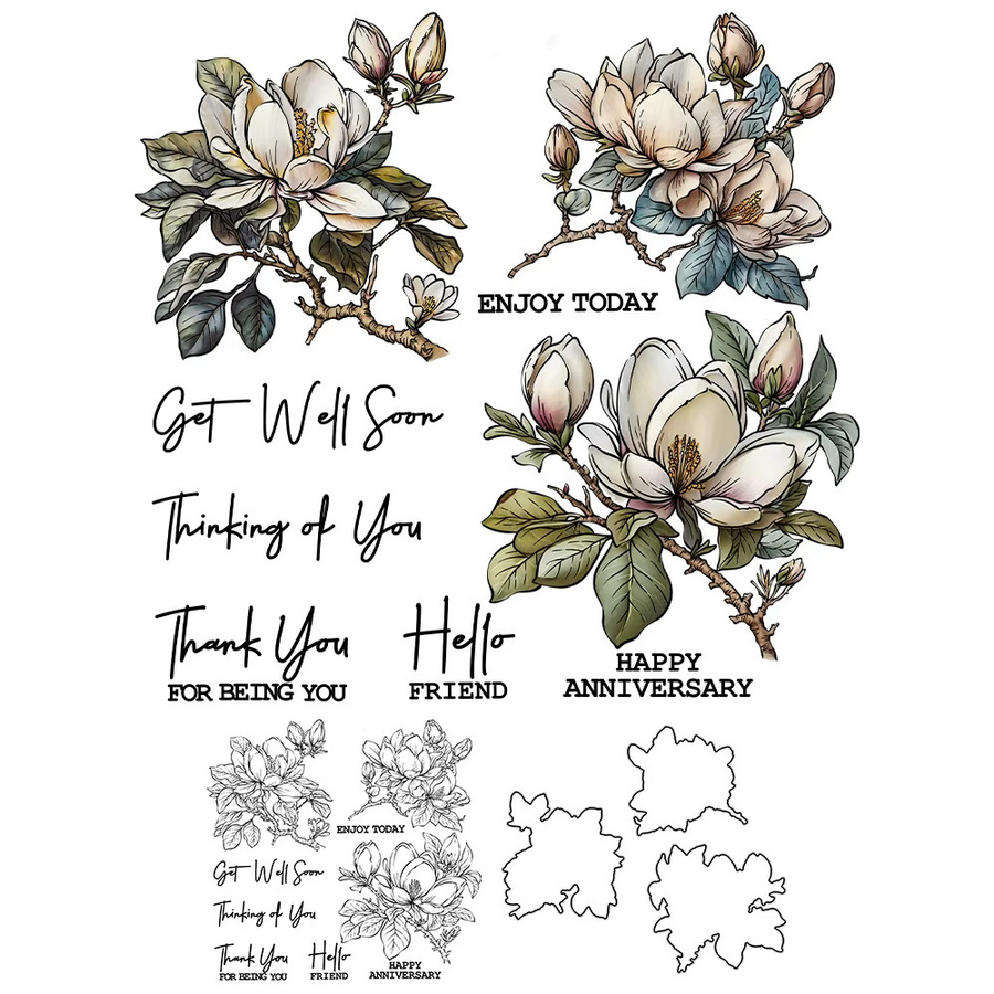 Mangocraft Magnolie Stanzformen und Silikonstempel Set für DIY Scrapbooking und Karten-Dekoration in Multicolour und Transparent - Bild 2