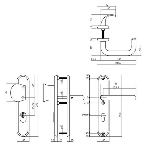 Intersteel Schutzbeschlag in Schwarz aus Edelstahl mit Kernziehschutz PZ 72 mm und ovalem Griff/Drücker - Bild 2