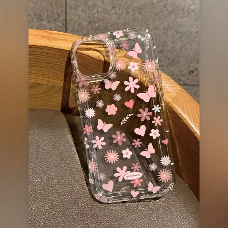 Transparente TPU Handyhülle mit rosa Blumen- und Schmetterlingsmuster für Apple iPhone Modelle - Bild 2