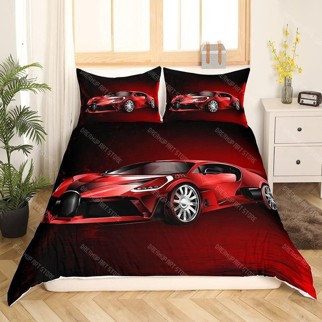 Binchi Fitness Sportwagen Bettwäscheset für Jungen und Teenager, Rennwagen Bettbezug mit Kissenbezug in Rot, B/H: 150 x 200 cm - Bild 1