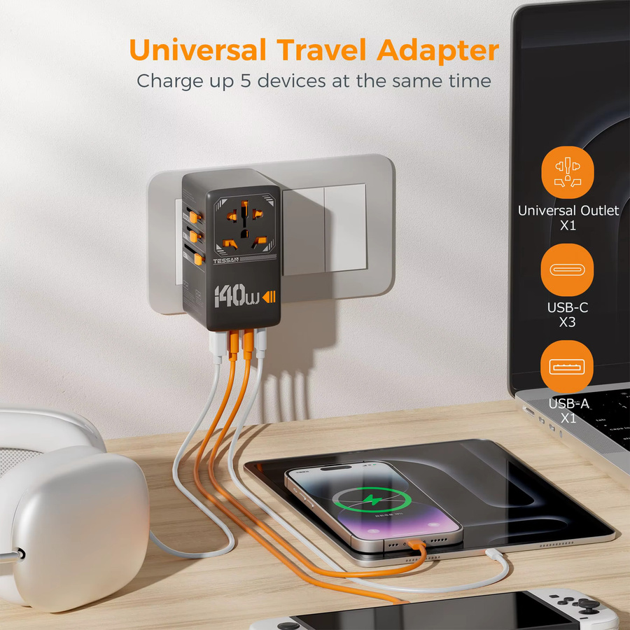 TESSAN GaN Universal-Reiseadapter 140W mit USB-C Anschluss, internationaler Steckeradapter für EU UK USA AUS, Schwarz - Bild 3