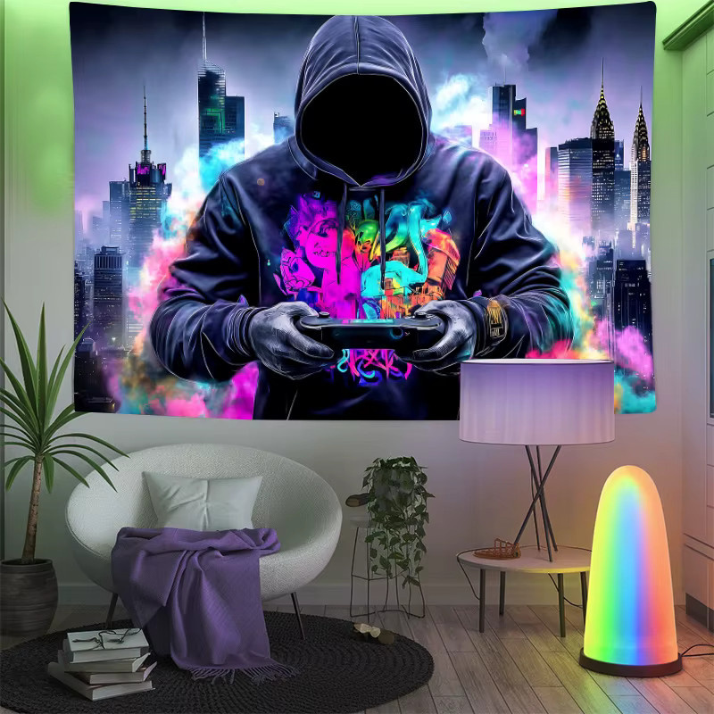 VIKAMA Cyberpunk Neon City Wandteppich in Multicolour mit Gamecontroller-Motiv für deine Esports-Raumdekoration, Breite: 75,0 cm, Höhe: 58,0 cm - Bild 4