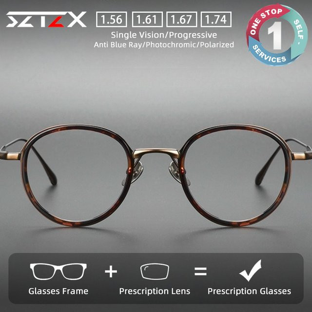 SZTZX Korrektionsbrille, Titan, Rund, Vollrand, Braun, Blaulichtfilter - Bild 1