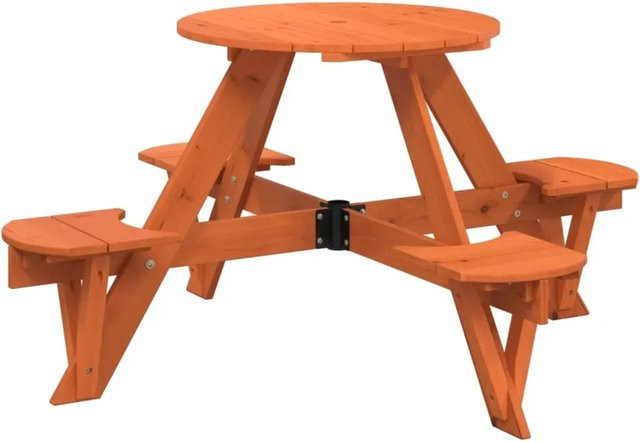 vidaXL Picknicktisch für 4 Kinder aus Massivholz Tanne in Braun und Orange mit Schirmloch, Rund, B/T/H: 120 x 120 x 57 cm - Bild 1