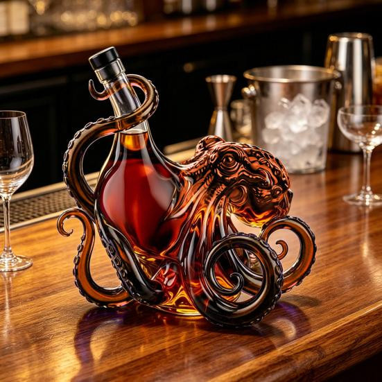 Elyra 3D Oktopus Whiskey-Karaffe aus Glas in Blau, 350 ml dekorative Spirituosenflasche für deine Hausbar - Bild 3
