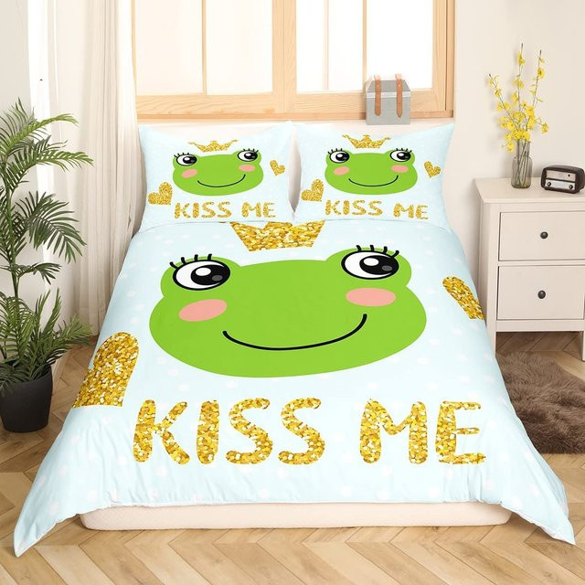 3-teiliges Bettbezug-Set mit niedlichem Cartoon-Froschmotiv für Kinder und Mädchen, inklusive 2 Kissenbezügen, B/H: 135 x 200 cm - Bild 1