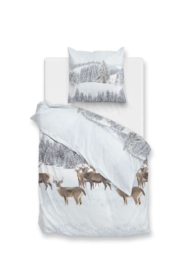 Zo! Home Flanell Bettwäsche Cervo White mit Hirsch und Waldmotiv, Set bestehend aus Bettbezug und Kissenbezug, Farbe: Weiß, B/H: 155 x 220 cm, Kissenbezug: 80 x 80 cm - Bild 1