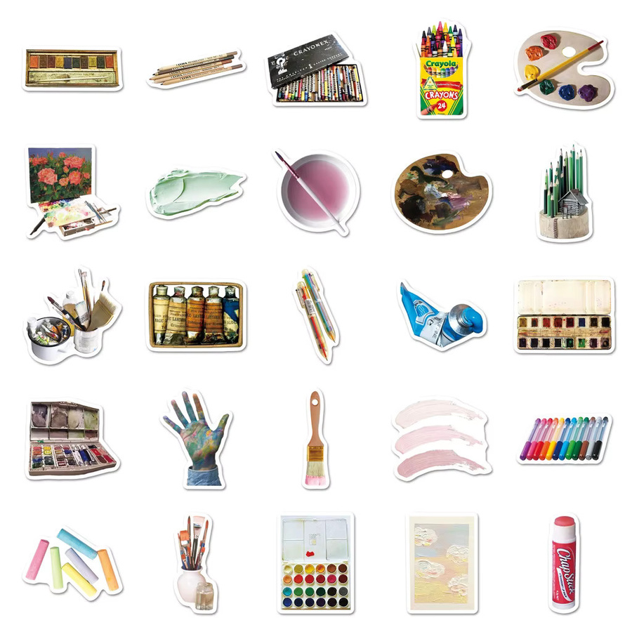 50 Stück wasserfeste Kunstaufkleber mit Pinsel- und Malwerkzeugen in Multicolour von AnimeWorlds Store - Bild 3