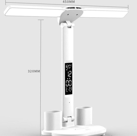 LED-Schreibtischlampe Happy6 in Weiß, dimmbar mit Touch-Bedienung, USB-Anschluss, faltbar, inklusive Kalender und Temperaturuhr, ideal als Leselampe und Nachtlicht für Home-Office und Schlafzimmer