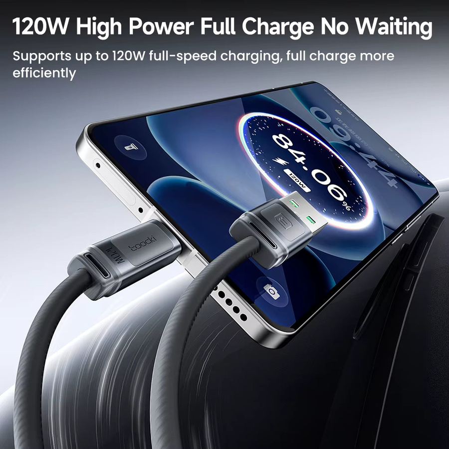 Toocki USB-C-auf-USB-C-Ladekabel 120W 6A in Schwarz aus weichem Silikon - Bild 2