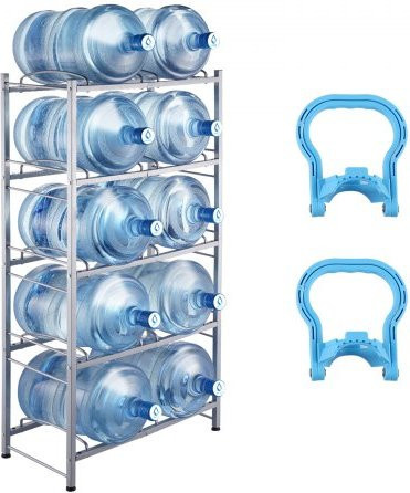 VEVOR Wasserkrughalter aus Eisen mit 5 Ebenen für 10 Wasserflaschen à 5 Gallonen, zweireihiges Wasserflaschenregal in Silbergrau - Bild 1