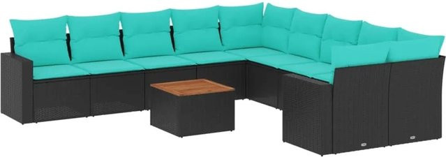 vidaXL 11-teilige Garten-Sofagarnitur aus Poly-Rattan und Akazienholz in Schwarz mit blauen Kissen - Bild 1
