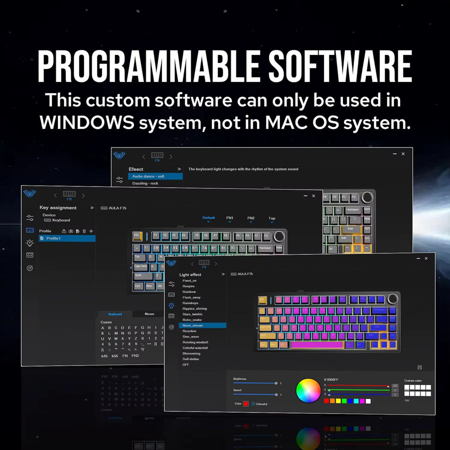 AULA F75 Mechanische Gaming-Tastatur mit RGB, 75% Layout, OEM Profil und Gasket Mount, Kabellos via Bluetooth oder 2,4G sowie Kabelgebunden, Schwarz - Bild 2