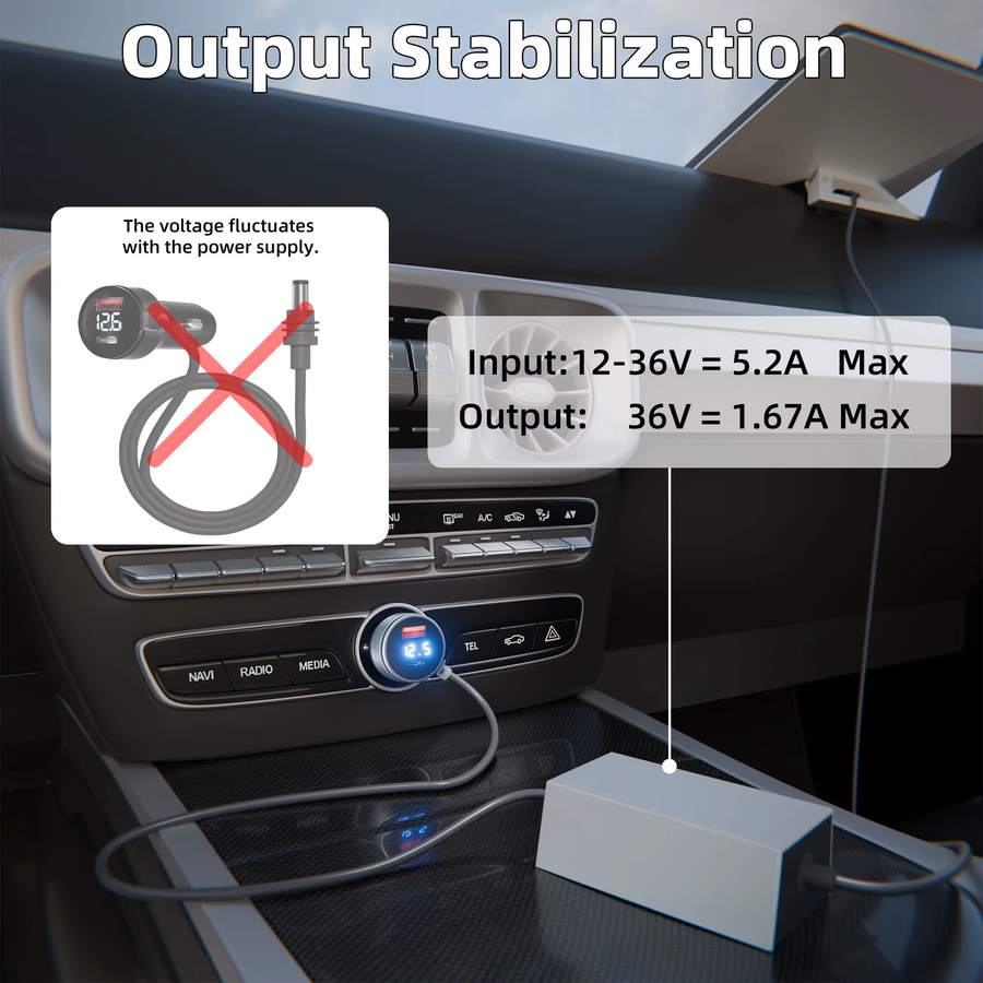 Daiertek Starlink Mini Zigarettenanzünder-Adapter 3-in-1 mit USB-C, Spannungs-Aufwärtskabel für 12 V bis 36 V Eingang und 36 V 1,67 A Ausgang - Bild 3
