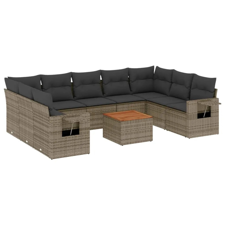 vidaXL 10-tlg Garten-Sofagarnitur in L-Form aus Polyrattan und Akazienholz in Grau mit UV-beständigen Kissen - Bild 2