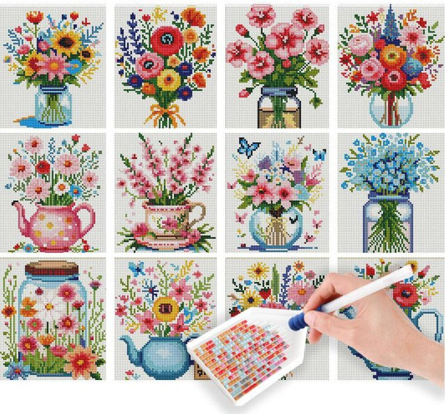 HUACAN 12er Set Runde Mosaikvasen mit Sonnenblumen-Motiv und Mini-Diamantgemälde in Multicolour zur modernen Heimdekoration - Bild 1
