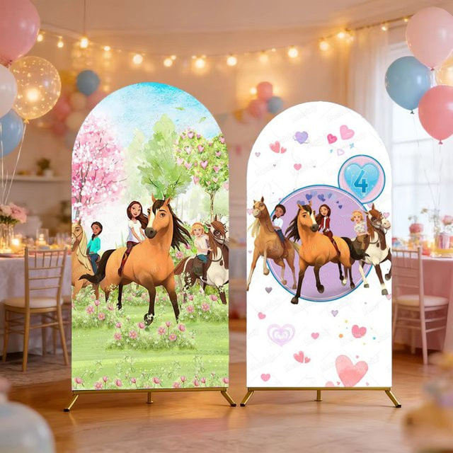 Potdemiel Party Dekoration Cartoon Spirit Ride Pferd und Blumen Fotokulisse für Baby Geburtstage in Mehrfarbig - Bild 1