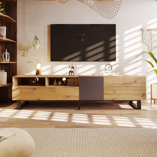Aosom TV-Schrank im modernen Colorblocking-Design mit Hochglanzoberfläche, Holzfarbe/Multicolor, B/T/H: 180 x 50 x 38 cm - Bild 1