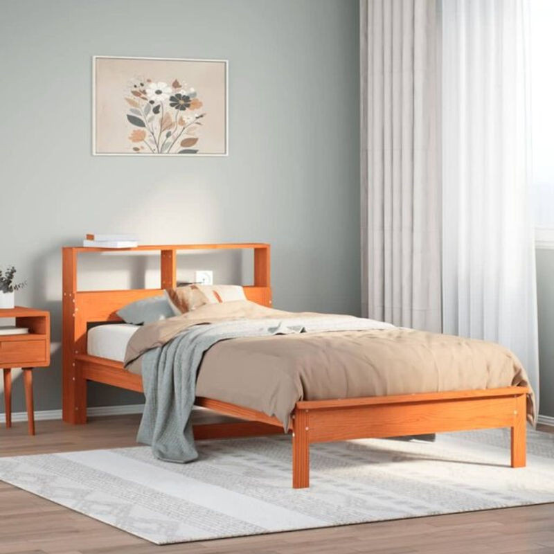 Massivholzbett aus Kiefer mit Regal in Braun von Vidaxl, B/T/H: 90 x 190 x 80 cm - Bild 1