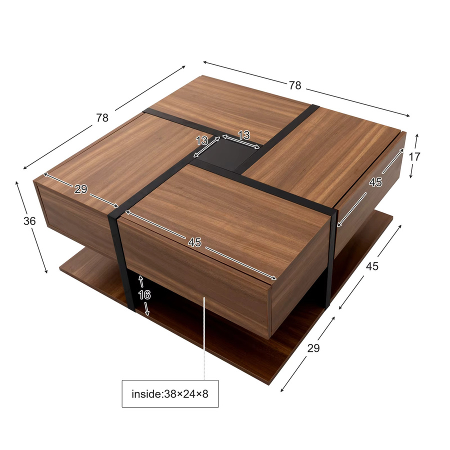 Comanlai moderner Couchtisch in Braun mit 4 Schubladen und zwei Stauraumstufen, B/T/H: 78 x 78 x 36 cm - Bild 3
