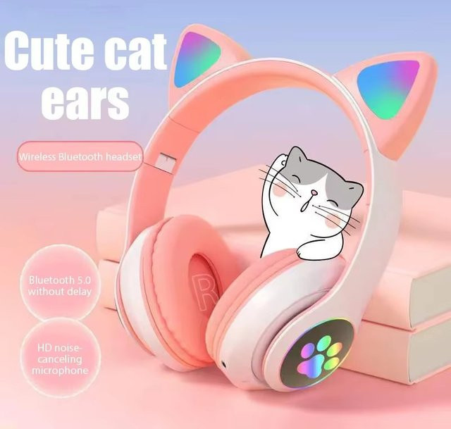 Briame P91H Bluetooth-Kopfhörer mit Katzenohren, kabelloses Stereo-Gaming-Headset mit Mikrofon für Handys in Blau oder Pink - Bild 1