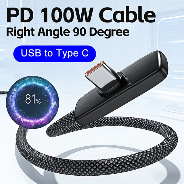 100W USB-C Schnellladekabel mit 90 Grad Winkel, USB-C zu PD Ladekabel in Schwarz für Samsung, Huawei, POCO und Realme - Bild 1