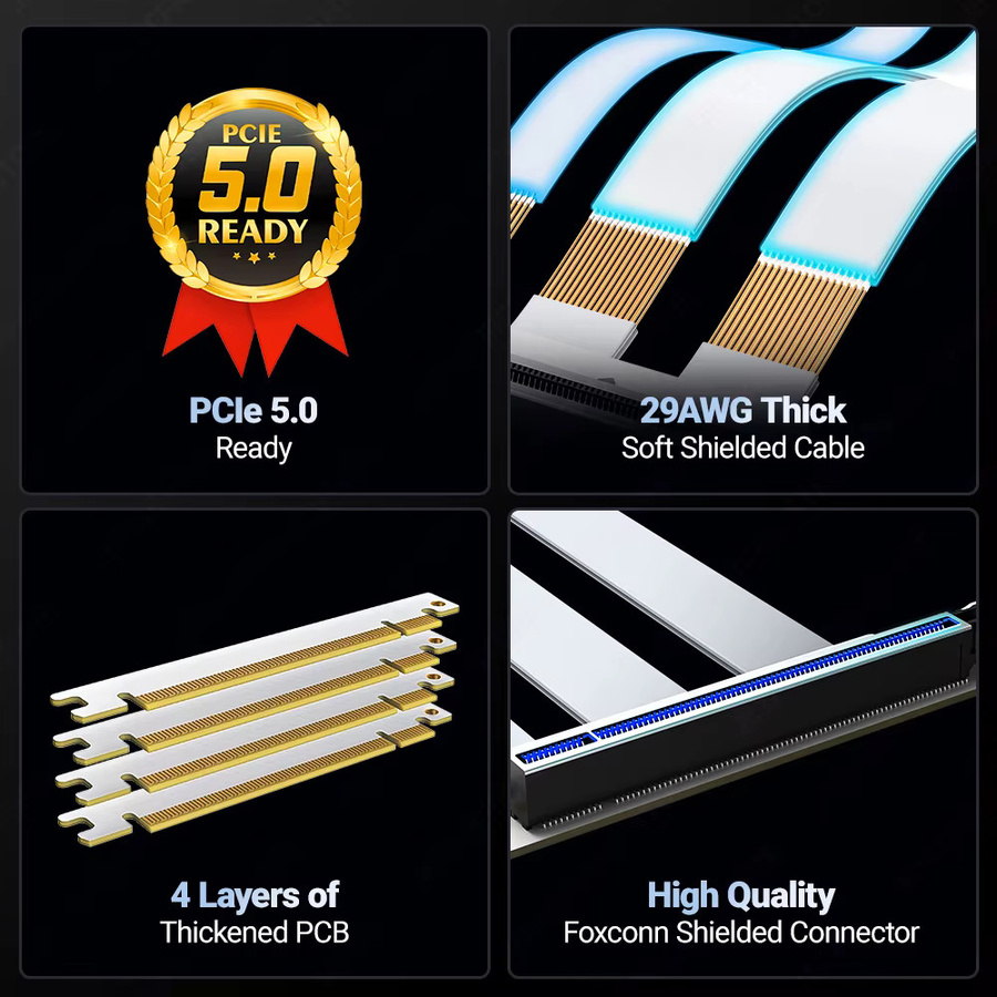 JEYI PCIe 5.0 x16 Riser-Kabel in Schwarz als flexibles Hochgeschwindigkeits-Verlängerungskabel für Grafikkarten wie RTX 5090 und RTX 5080 - Bild 4