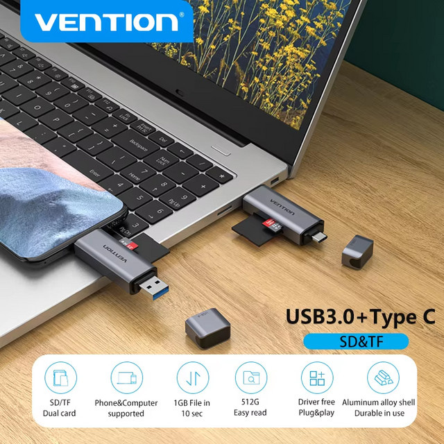 Vention Dual Slot Kartenleser mit USB 3.0 und USB C für Micro SD und TF Speicherkarten als Adapter für Laptop, Smartphone und Kamera - Bild 1