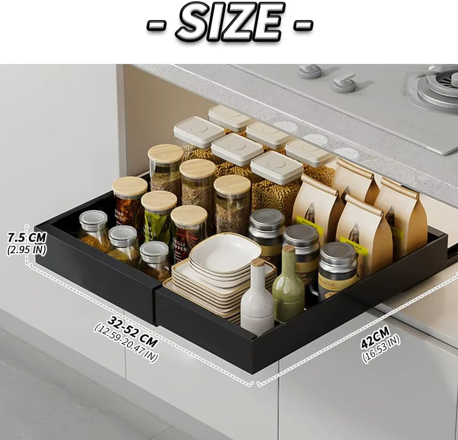 Garvee Ausziehbarer Schrank-Organizer Schwerlast-Schublade als verstellbares Aufbewahrungsregal ohne Bohren in Weiß Breite: 32-52 cm, Tiefe: 42 cm, Höhe: 7,5 cm - Bild 4