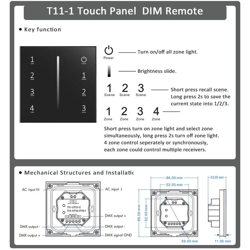 MJJC V1 LED-Dimmer für einfarbige Streifenleuchten mit 4-Zonen-Touchpanel und Fernbedienung, Schwarz, DC 5V 12V 24V 36V - Bild 3