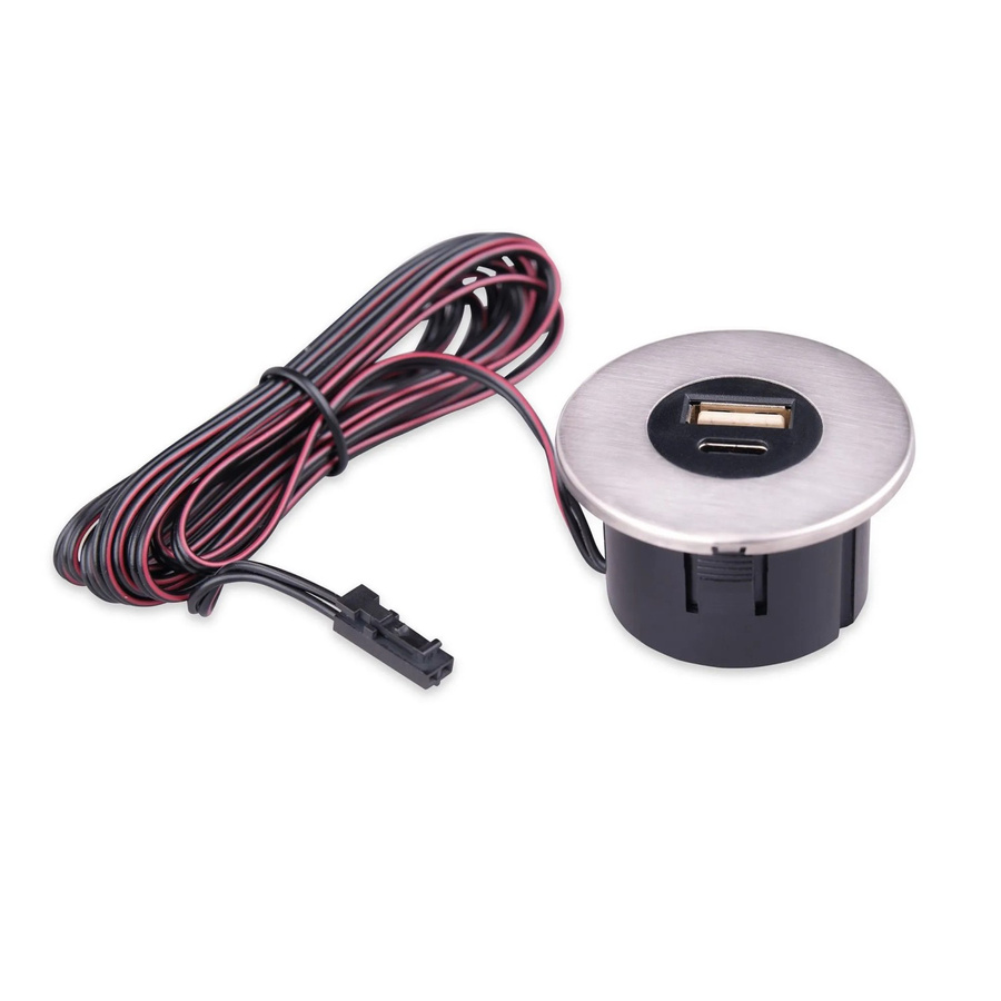 Kalb Einbau USB-Hub 2 in 1 mit USB-A und USB-C in Edelstahl gebürstet Silber für Möbel und Tischplatten 12V - Bild 2