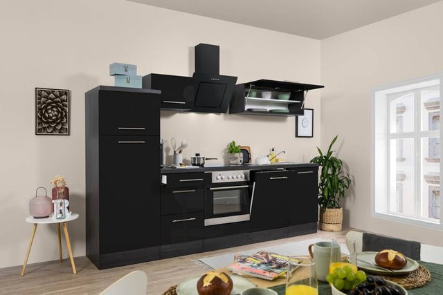 Respekta Küchenblock Premium schwarz hochglänzend aus MDF mit Soft-Close-Türen und Schubladen B/H/T: 280 x 200 x 60 cm - Bild 1