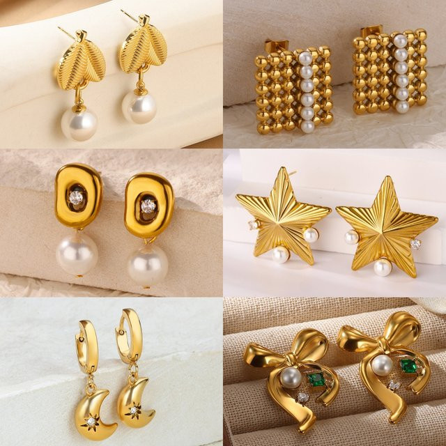 HPTOTMG Ohrstecker, Gold, Zirkonia, Perle, Damen, Blattmuster - Bild 1