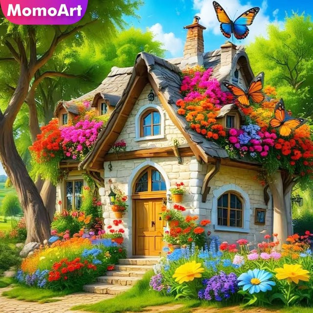 Momoart Diamant-Mosaik DIY Landschaftsmuster Haus mit Blumen in Mehrfarbig für Erwachsene und Anfänger als Wandkunst - Bild 1