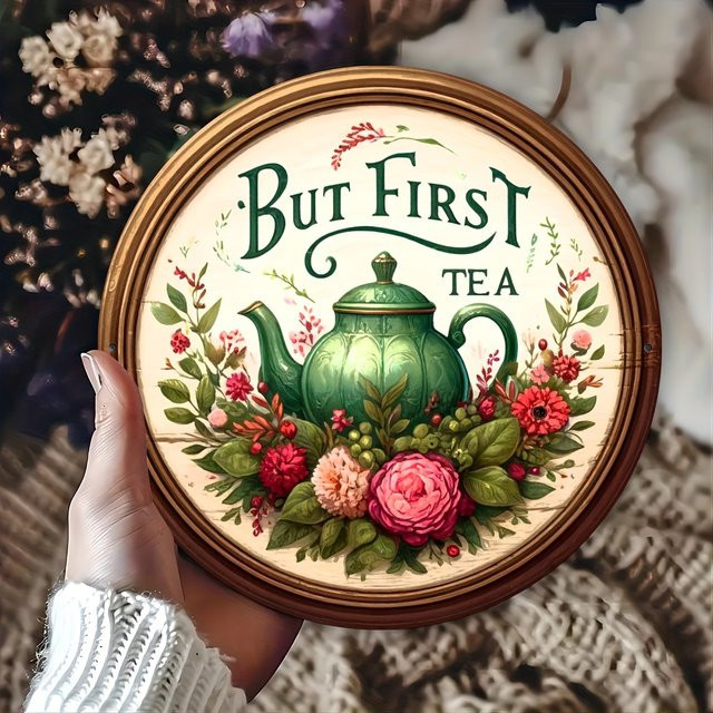 Rundes Metallschild Potdemiel Vintage But First Tea mit floralem Design, Durchmesser: 20,3 cm, Mehrfarbig - Bild 1