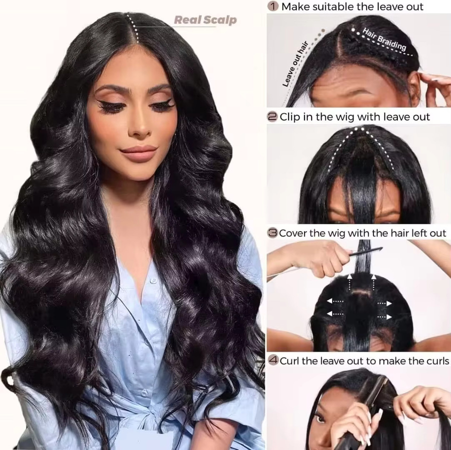 mamushow V-Part Perücke, Body Wave, Brasilianisches Echthaar, 180% - 200% Dichte - Bild 5