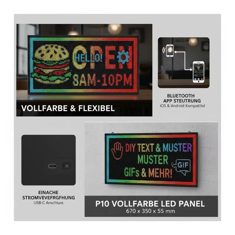 Programmierbares P10 LED-Schild mit Bluetooth-App-Steuerung, vollfarbiges flexibles digitales Lauftext-Panel in Schwarz, B/H/T: 67 x 35 x 5,5 cm - Bild 4