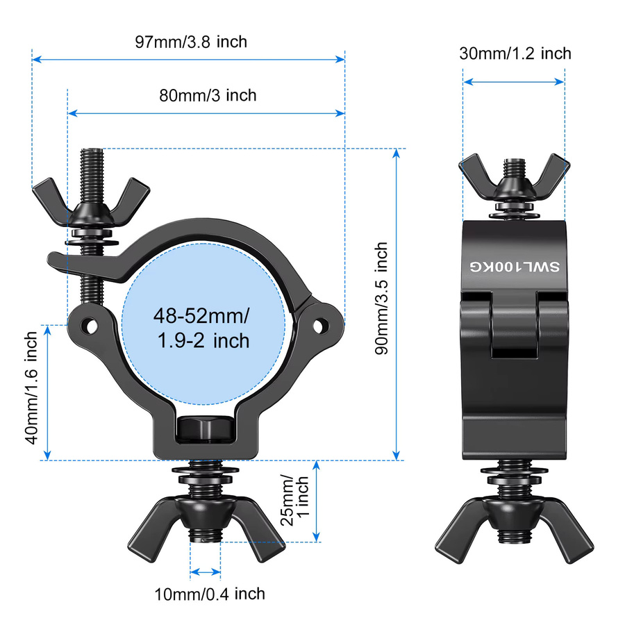 Datewink Klemmaufhänger für Bühnenbeleuchtung in Schwarz, Halterung für Par Light und DJ-Beleuchtung mit 48–52 mm Durchmesser und 100 kg Tragkraft - Bild 6
