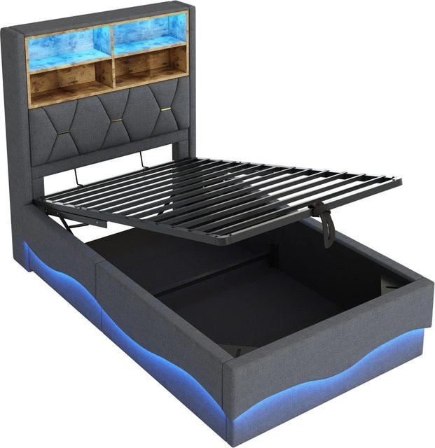 Merax Kinderbett mit Hydraulik, LED-Beleuchtung und USB-Anschluss, Farbe Grau, B/T/H: 90 x 200 x 131 cm - Bild 1