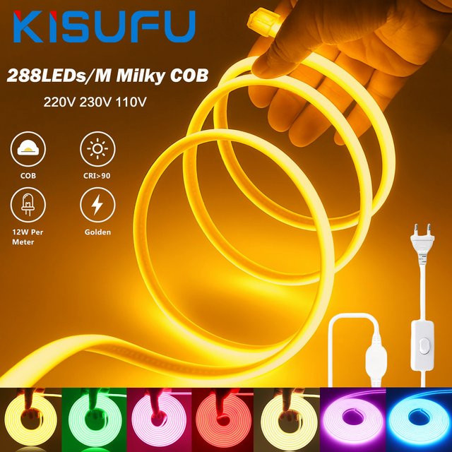 KISUFU COB LED Neonstreifen RGB Multicolour, wasserdichter flexibler LED-Streifen mit EIN/AUS-Schalter, 230V AC, weißes Silikongehäuse - Bild 1
