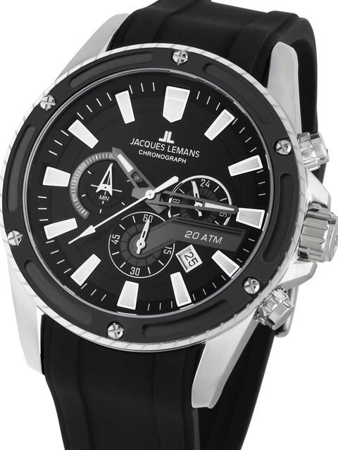 Jacques Lemans Chronograph, Quarz, Edelstahl, 48 mm, Silikon, Schwarz, Herren - Bild 1