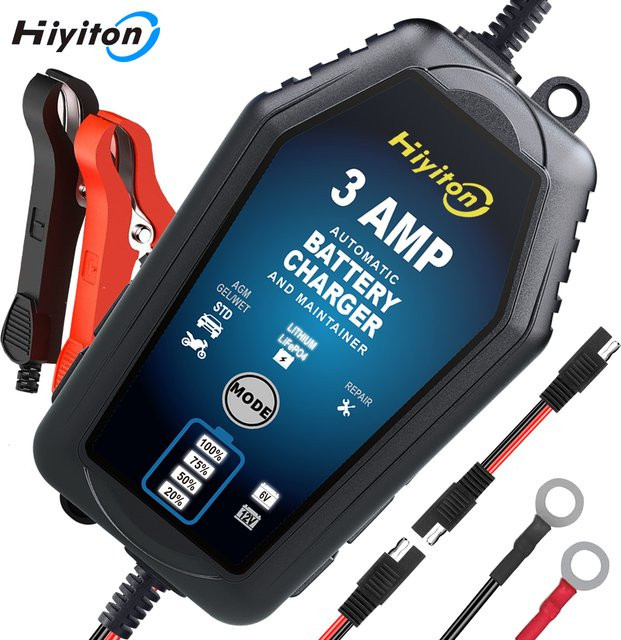 Hiyiton Intelligentes Automatisches Batterieladegerät 3000mA in Schwarz für 6V und 12V Batterien wie LiFePO4, AGM, GEL und Blei-Säure für Auto, Motorrad und Rasenmäher - Bild 1