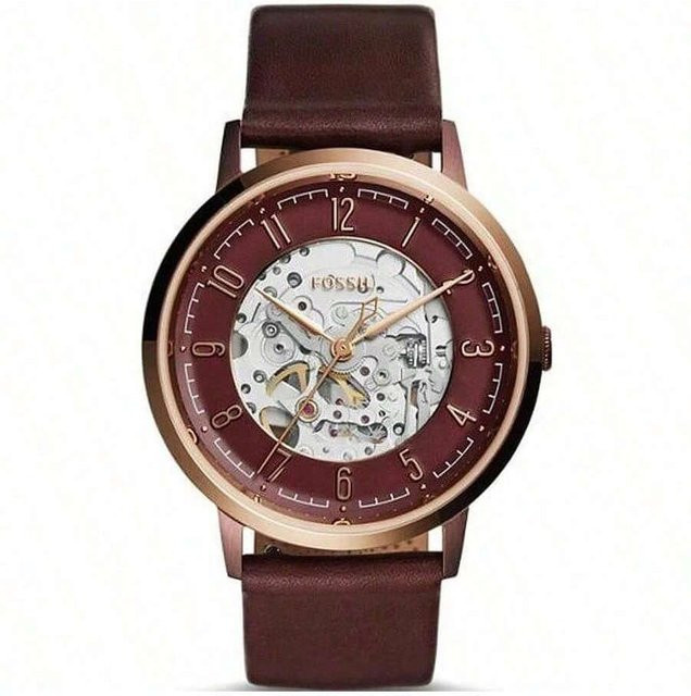 Fossil Automatikuhr, Edelstahl, Lederarmband, weinrot, Herren - Bild 1