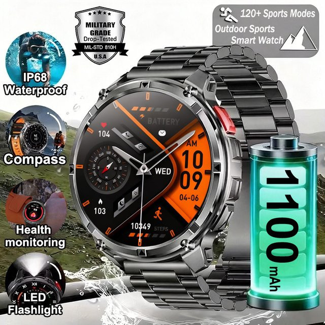 BOXUXING Military Stratos 4 Ultra Smartwatch für Männer mit GPS, Kompass und IP68 Wasserdichtigkeit in Schwarz und Orange - Bild 1
