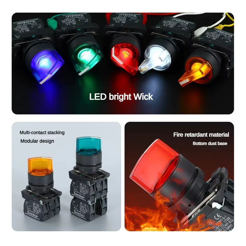 Sweideer XB4 Drehknopfschalter mit LED 22mm, 2/3-Positionen selbstverriegelnd, 1NO/2NO/1NO1NC Wahlschalter mit Beleuchtung, 12V 24V 220V 10A, Rot/Grün - Bild 2